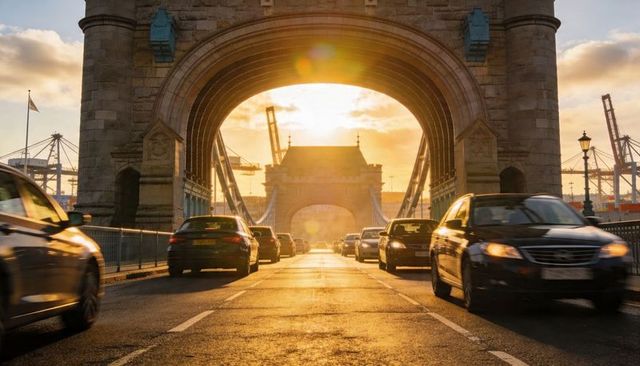 Sunlit tower bridge archway framing busy traffic at golden hour with harbor cranes