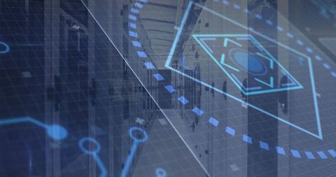 Futuristic Data Center HUD Overlay Showing Server Rack Network Grid and Circuitry