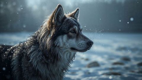 Majestic Wolf-Like Dog in Serene Snowy Wilderness
