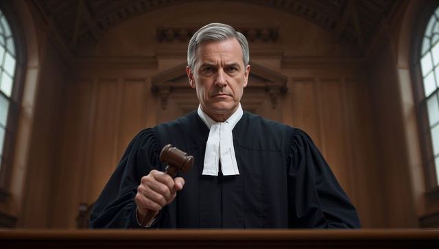 Stern male judge raising gavel at courtroom bench conveying authority and legal order