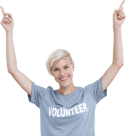 Cheerful Woman Raising Arms in Volunteer T-shirt with Transparent Background