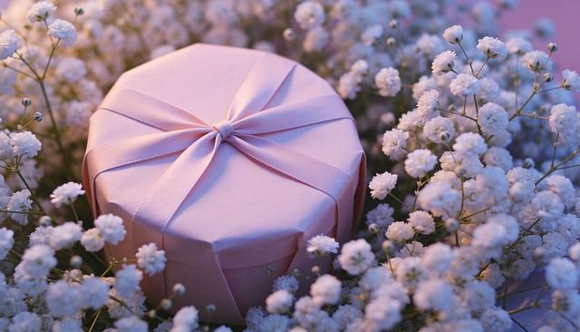 Pastel-pink round gift box nestling in baby's breath bouquet with satin ribbon detail