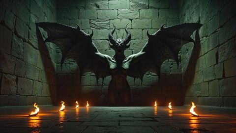 Mythical Demon with Wings in Dark Underground Chamber