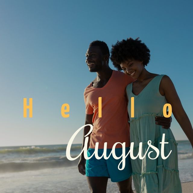 Composite of happy african american mid adult couple at beach against blue sky and hello august text. copy space, nature, love, togetherness, lifestyle, summer, greeting, enjoyment and holiday.