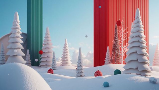Winter wonderland with abstract pine sculptures and festive ornaments