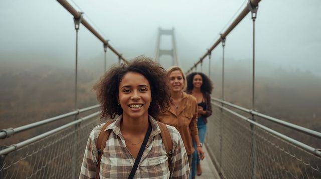 Smiling young woman leading friends across foggy suspension bridge on mountain hike