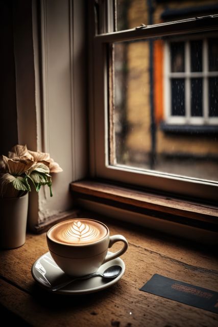Cup of coffee latte with pattern and flowers on windowsill, created using generative ai technology. Coffee, caffeine and drink concept digitally generated image.