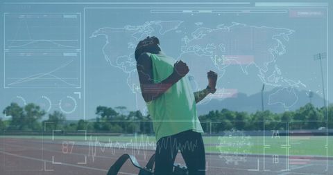 Teen runner engaging with futuristic holographics on athletic track