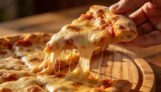 Pulling melty cheese pizza slice from rustic wooden board gooey stretchy cheesy close-up
