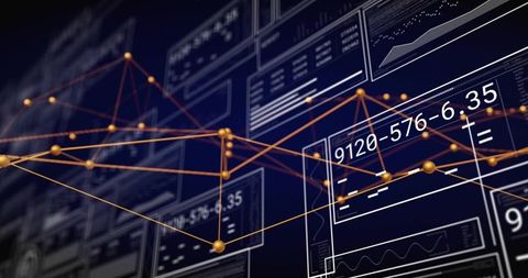 Golden node network connecting neon analytics panels with numeric readout and data lines