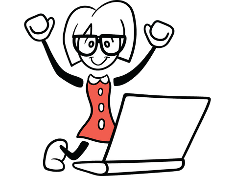 Transparent female cartoon with glasses and laptop celebrating