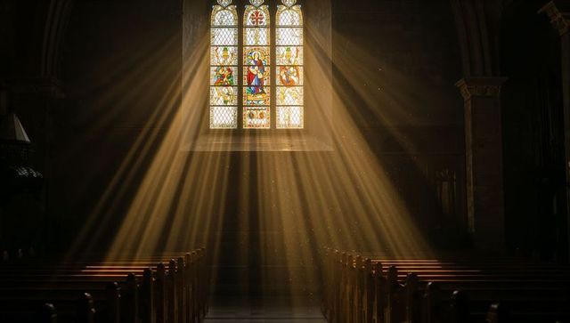 Sunbeams streaming through stained glass window lighting church aisle and dust particles