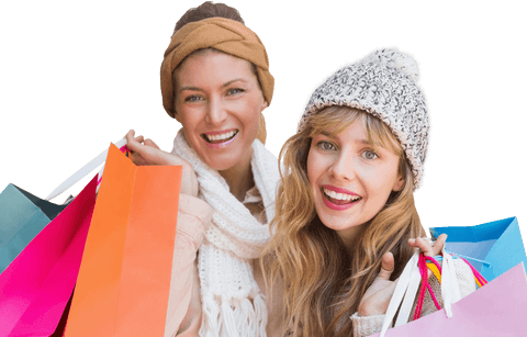 Smiling Women with Multicolor Shopping Bags on Transparent Background