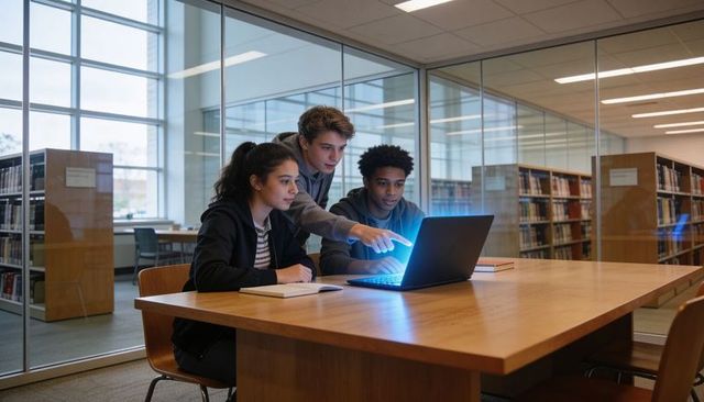 High school students collaborating on laptop in library, teamwork and focused learning