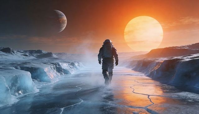 Walking astronaut crossing cracked alien ice under low sun on frozen exoplanet