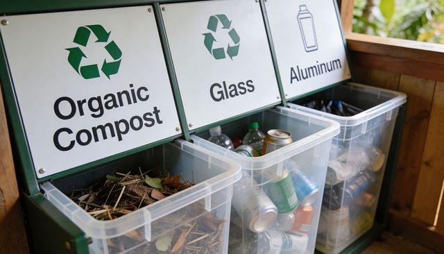 Triple recycling station with labeled compost, glass and aluminum bins for park recycling