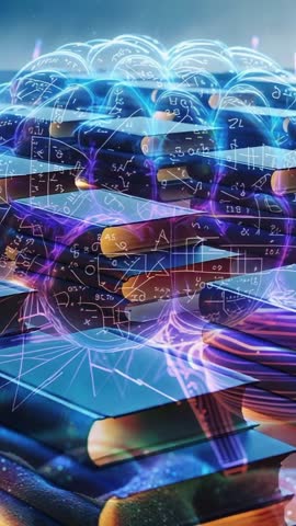 Vertical video of holographic network pulsing above stacked books on grid desk