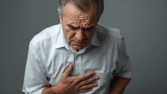 Elderly man experiencing chest pain indoors