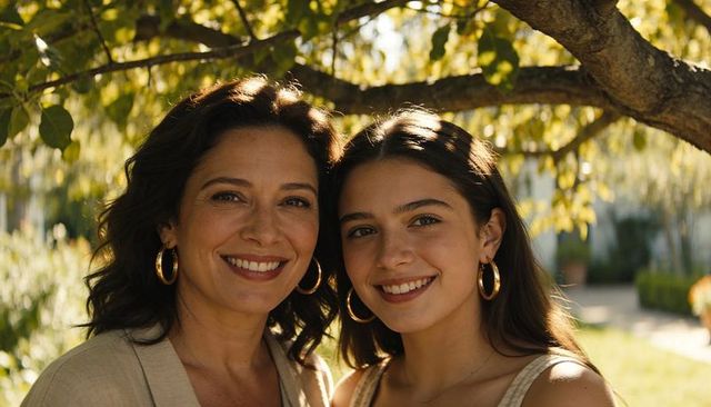 Sunlit mother and daughter smiling under tree with gold hoop earrings, warm garden portrait