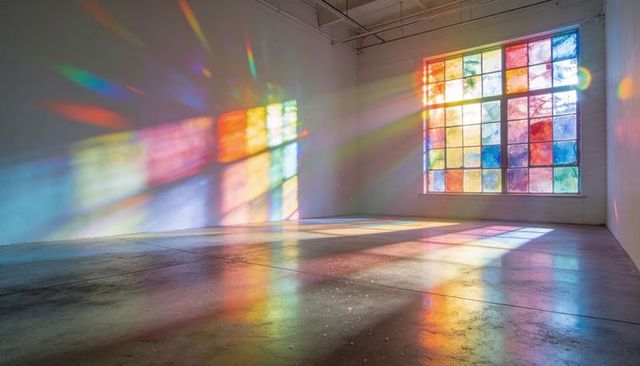 Stained-Glass Window Casting Rainbow Sunbeams Across Empty Industrial Loft Concrete Floor