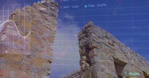 Ancient stone ruins merging with financial charts double exposure for risk resilience strategy