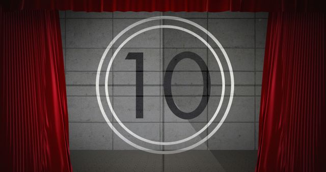 Countdown number 10 displayed on a vintage style theatre screen flanked by deep red curtains. The classic film introduction element evokes nostalgia, making it ideal for old cinema themes, retro movie events, or vintage film screenings. It can be used in blogs, presentations on the history of cinema, or as an opening sequence in video productions celebrating classic Hollywood cinema.