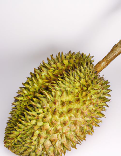 Close-up of a durian fruit showing its spiky shell on a clean white background. Ideal for use in articles, blogs, or marketing materials about tropical fruits, fresh produce, or exotic foods. Suitable for educational purposes or healthy eating promotions.