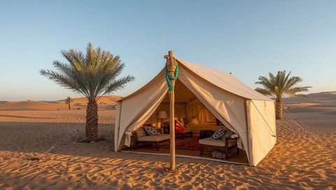 Luxury Desert Glamping Tent Bathed in Golden Hour Light near Palm Oasis and Sand Dunes