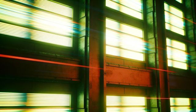 Neon industrial corridor with glowing support column, louvered panels and motion light streaks