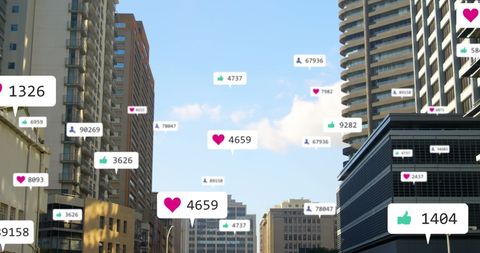 Social media engagement concept in modern cityscape