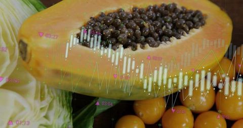 Papaya and healthy foods with financial data concept overlay