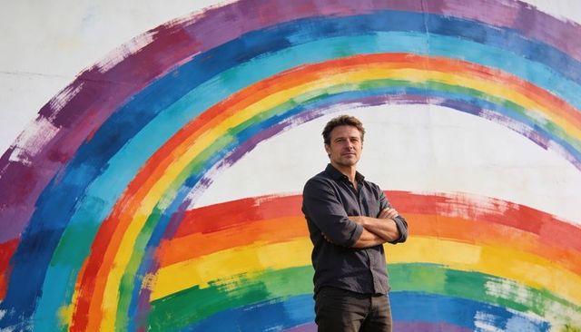 Man standing with arms crossed in front of vibrant rainbow mural on urban wall, paint texture