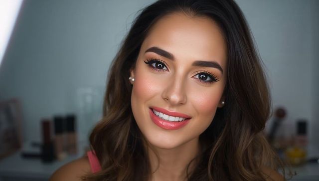 Smiling woman showcasing bold coral makeup in beauty studio