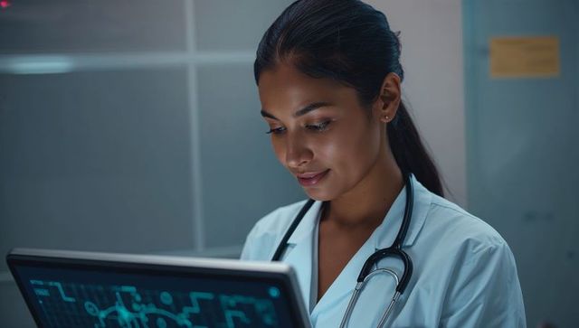 Female doctor reviewing clinical monitor with turquoise waveforms wearing stethoscope