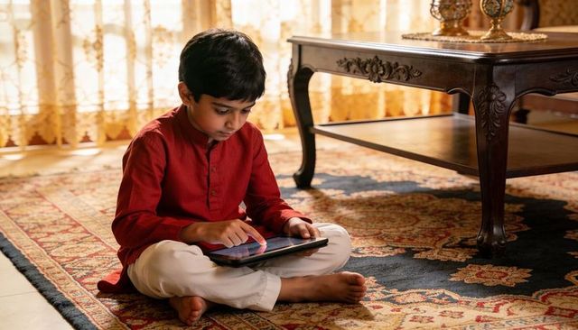 Indian boy scrolling tablet sitting cross-legged on patterned rug in sunlit living room
