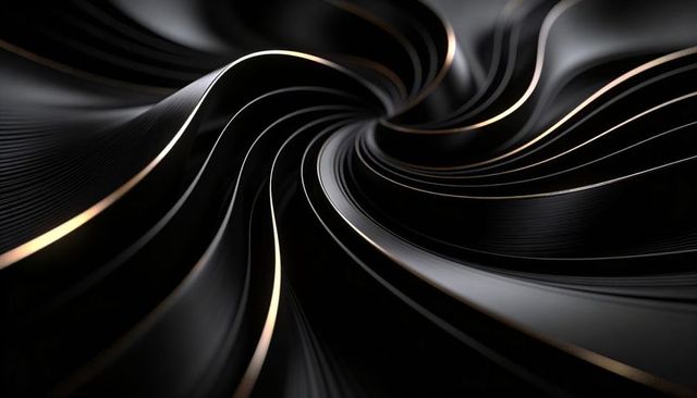 Swirling Black Metallic Ribbons Forming Vortex with Thin Gold Highlights and Deep Contrast