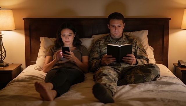 Couple relaxing in bedroom with soldier reading notebook and partner scrolling smartphone