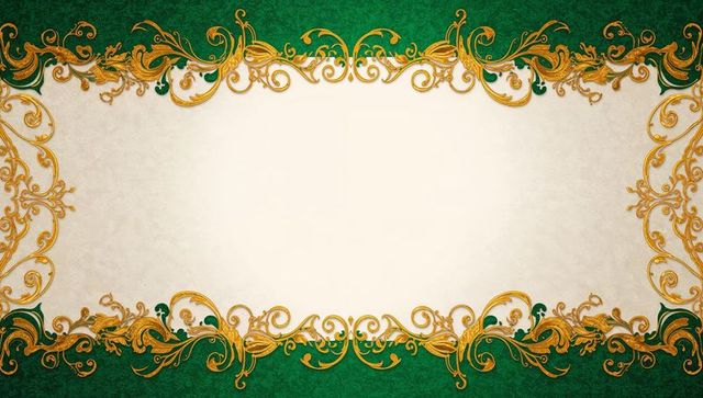 Vintage Gold Filigree Frame with Parchment Center and Emerald Green Borders for Invitations