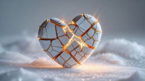 Luxury heart fracture with golden fissures on fine granules, forgiveness symbol