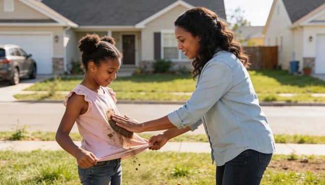 Caregiver brushing dirt from girl's pink shirt on suburban lawn, smiling outdoor cleanup