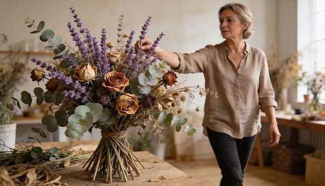 Floral artist arranging hand-tied dried rose and lavender bouquet in rustic studio