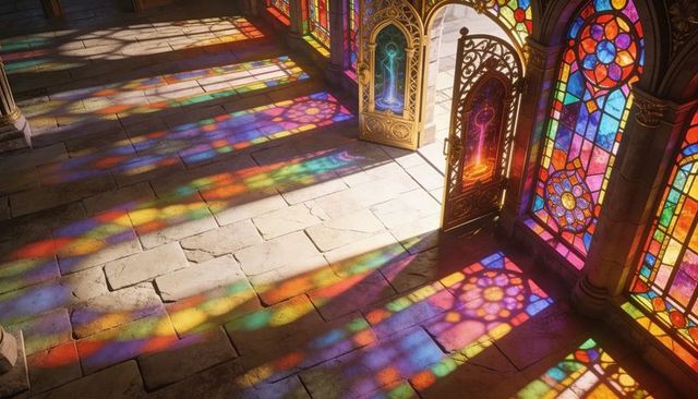 Sunlit stained glass rosettes casting colorful patterns across cathedral stone nave