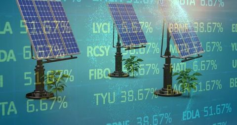 Futuristic Solar Panels with Ticker Data Illustrating Renewable Investment