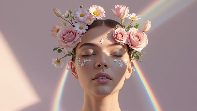 Natural Elegance: Model with Floral Crown and Pastel Surreal Features