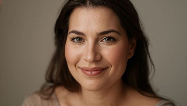 Warm smiling woman closeup portrait with natural makeup and soft lighting for headshot