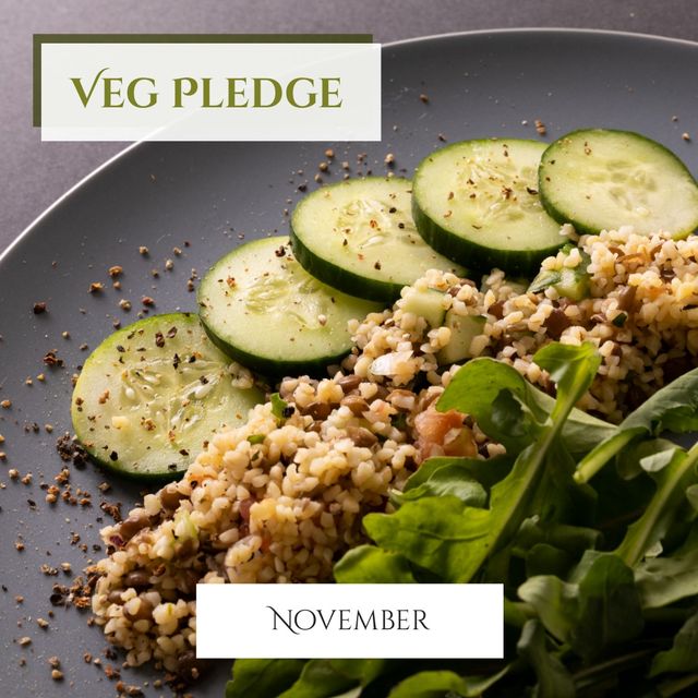 Image of plate with cucumbers, groats and arugula and veg pledge november. Image of shopping bag with vegetables and veg pledge on orange background.
