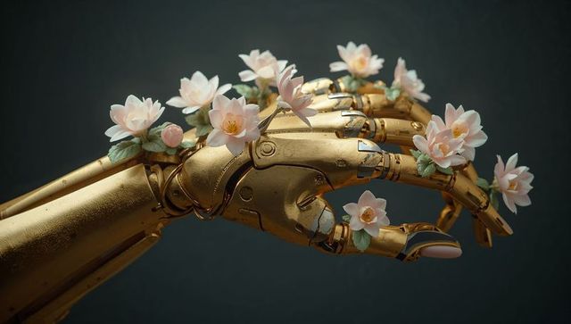 Golden mechanical prosthetic hand blooming with pink lotus flowers, futuristic biotech