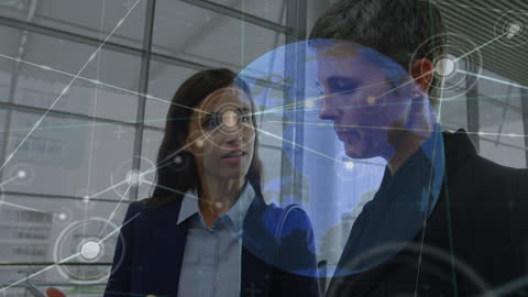 Global Business Team Analyzing Data with Futuristic Technology Overlay