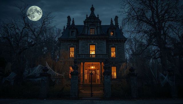 Mysterious gothic mansion with glowing windows under full moon