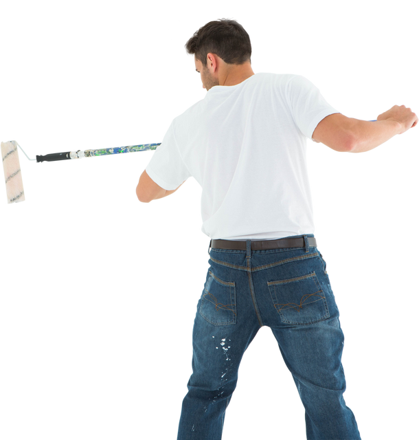 Rear view of man using paint roller wearing casual attire on transparent background - Download Free Stock Videos Pikwizard.com